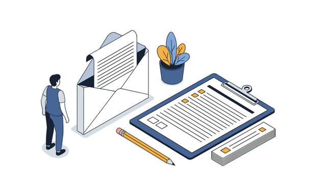 Isometric scene showing a professional man looking at a giant open envelope next to a clipboard with a checklist.