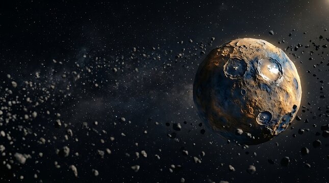 Cratered planetoid orbiting within a dense asteroid field in space