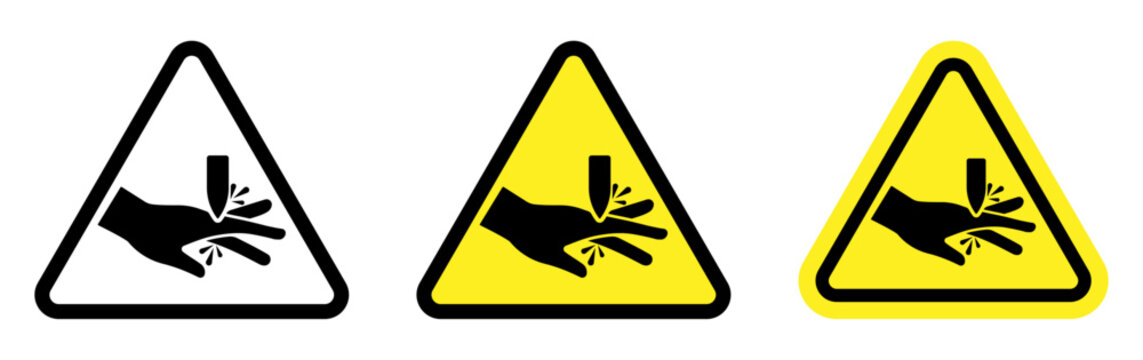 Hand crush hazard warning triangle icon set. Hand, crush, hazard, warning, safety symbols for pinch point, machinery, industrial equipment, workplace protection, factory safety signs, manuals, labels,
