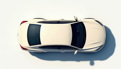 Naklejka premium Top down view of cream colored sedan car on white studio background. Minimalist vehicle from above with shadow. Automotive design detail from above.
