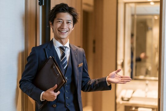 プロの日本人男性がホテル客室へ笑顔で案内するサービス業のイメージ