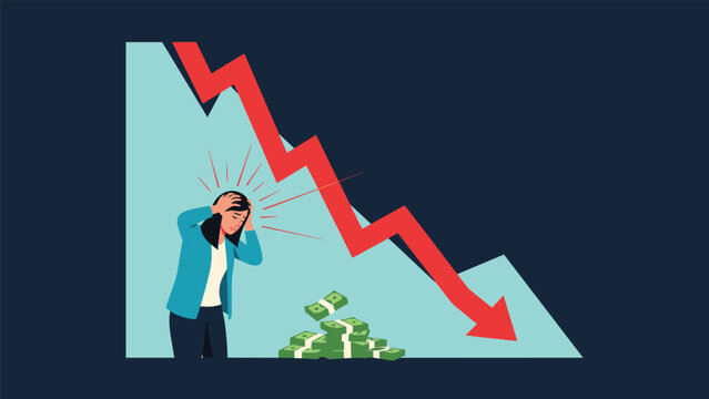 Businesswoman holding her head in panic next to a declining red arrow graph and stacks of money representing financial crisis and bankruptcy.