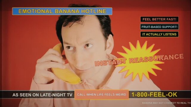 Comedic fake hotline advertisement featuring person holding banana phone against red . Parodies 1980s infomercial style with instant reassurance messaging and retro television aesthetic.
