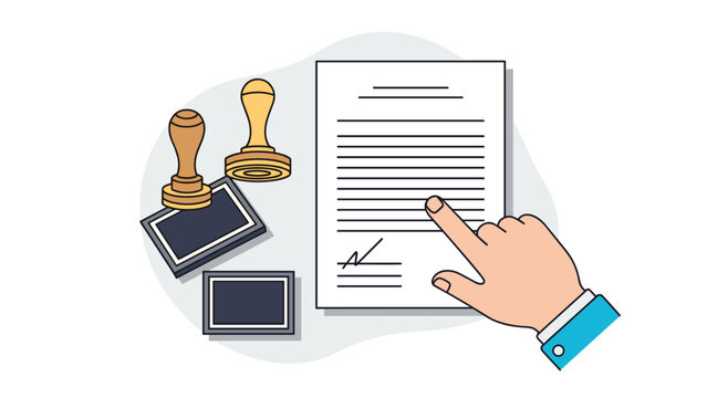 Businessman hand pointing to a signed legal contract document next to wooden stamp seals and ink pads on a grey background.