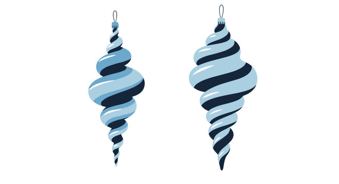 Two blue and white spiral glass icicle Christmas tree ornaments isolated on a clean white background for holiday card.