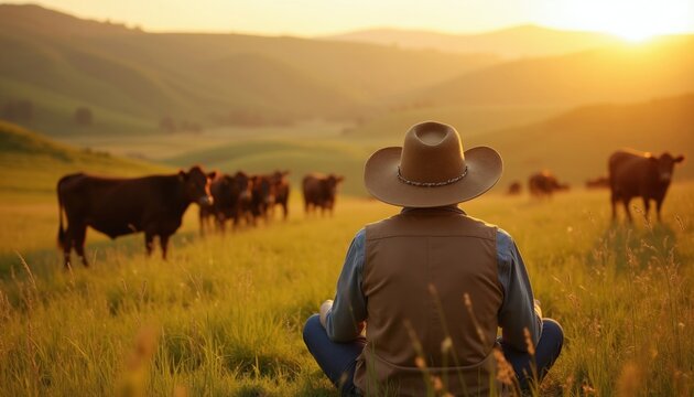 Cowboy sits in tall grass of meadow at sunset watching herd of cows. Mature rancher wears brown hat, vest in field. Quiet man enjoys rural life landscape view during golden hour. Calm cattle graze on