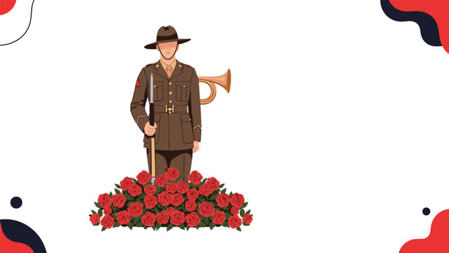 Solitary soldier in military uniform standing solemnly behind red poppies with a brass bugle in the background for remembrance.