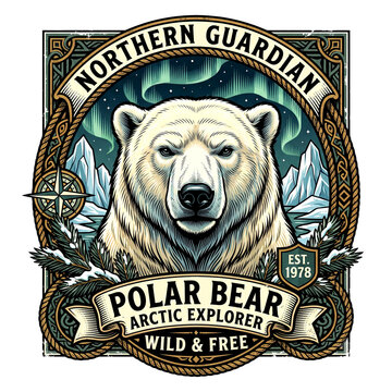 Northern Guardian polar bear emblem featuring an arctic landscape, glowing northern lights, compass, and pine branches.