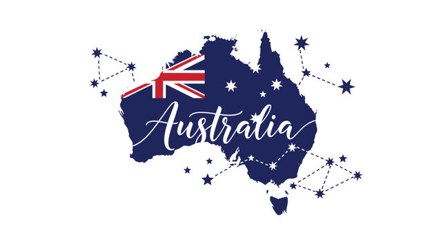 Detailed map of Australia designed with the national flag pattern and surrounded by star constellation graphics.