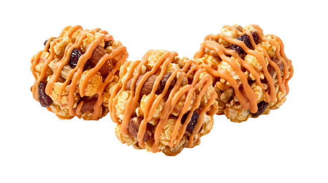 Sweet popcorn balls with caramel drizzle and nuts delicious festive treats ready to eat.