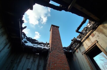 Fototapeta premium Inside view of abandoned wooden house with destroyed roof after fire. Burnt timber beams expose blue sky. Red brick chimney stands in middle of ruins covered with snow in winter season. Ruined home
