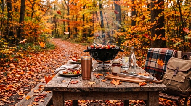 Cozy autumn outdoor BBQ picnic. Wooden table with a mini grill, blank thermos cup, food, and backpack in a beautiful fall forest with colorful falling leaves