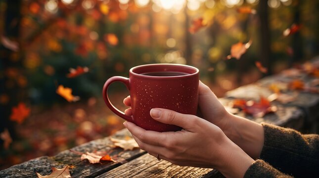 > Close-up of hands holding a cozy red mug of hot tea outdoors, with falling autumn leaves and beautiful golden hour sunlight in the blurred background