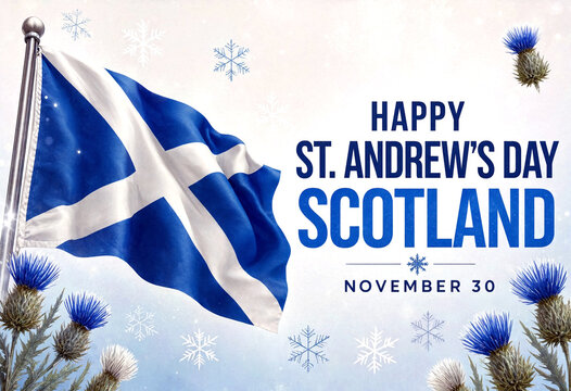 Celebrate st andrews day with scotland flag and thistle flowers in winter theme