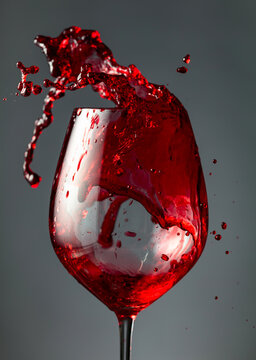 An image of red wine being splashed into a glass.