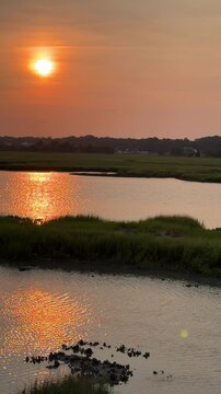Establishing shot of a gorgeous sunset across an inlet at the beach with copy space