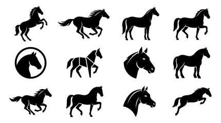 Fototapeta premium Horses in Various Poses and Styles Depicted as Black Silhouettes Featuring Horse, Silhouette, Animal with Equine and Running