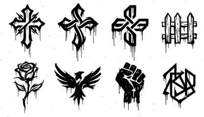 Gothic graffiti vector element set featuring dripping cross rose eagle silhouette power fist and urban street art stencils © Hachhada