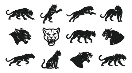 Fototapeta premium Panthers in Various Poses and Styles, Black Silhouettes of Big Cats Featuring Panther, Silhouette, Animal with Predator