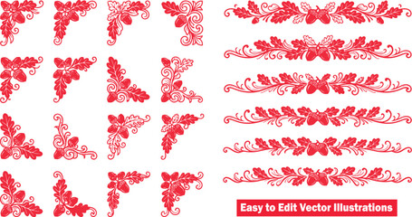 Oak leaf and acorn corner borders. Decorative floral frame dividers for elegant invitations. © Master_BG