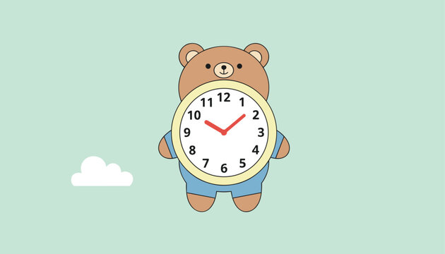 Cute illustration of a friendly brown teddy bear holding a large round analog clock, set against a soft green background.