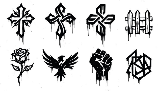 Gothic graffiti vector element set featuring dripping cross rose eagle silhouette power fist and urban street art stencils