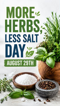 More Herbs Less Salt Day August 29th Concept with Fresh Herbs Salt and Spices