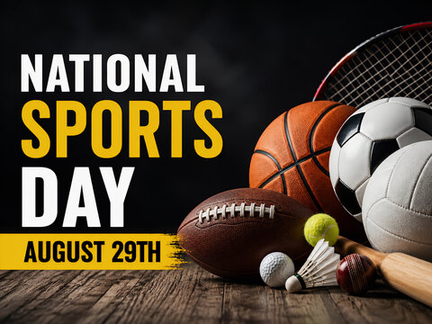 National Sports Day August 29th Concept with Assorted Sports Equipment on Wooden Background
