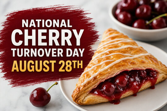 National Cherry Turnover Day August 28th Banner with Delicious Pastry and Fresh Cherries
