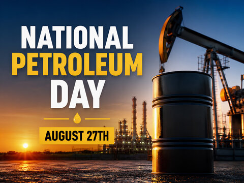 National Petroleum Day August 27th with Oil Barrel and Pumpjack at Sunset