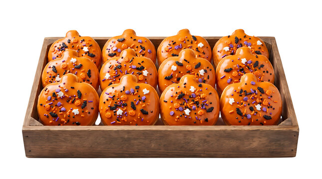 Tray of twelve pumpkin shaped sugar cookies decorated with colorful sprinkles and icing.