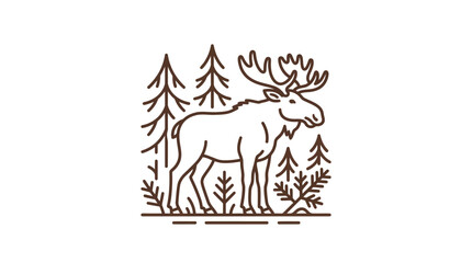Obraz premium Standing moose in pine forest line art.