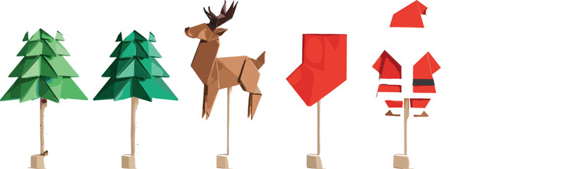 Christmas origami paper art decorations set with trees reindeer stocking and santa claus on sticks vector © MSTSABINA