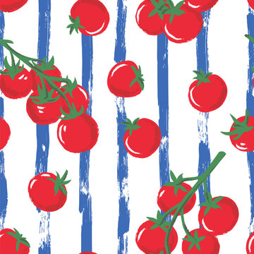 Red tomato seamless pattern on blue striped background. Vector hand drawn watercolor background, print design