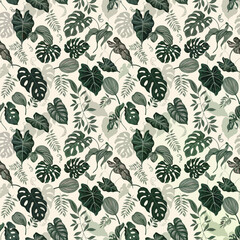 Tropical leaves pattern featuring monstera philodendron and ferns on light background © shubha