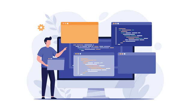 Smart software developer stands near a large computer monitor with multiple coding and programming windows open.