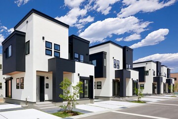 Fototapeta premium 青空の下モダンなデザインの新築戸建て住宅が並ぶ街並み