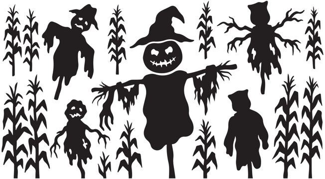 Halloween scarecrow and corn stalk vector silhouette set for spooky autumn design and holiday decoration