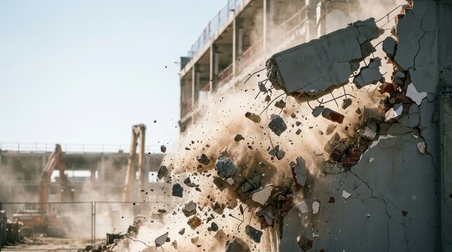 Debris and dust explode outwards as a concrete building collapses during a demolition
