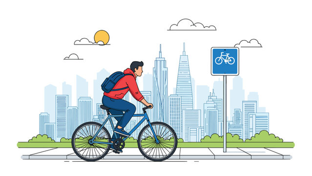Active young man rides his blue bicycle on a designated bike lane with a tall city skyline in the background.