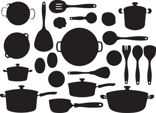 Black and white of various kitchen utensils and pots pans