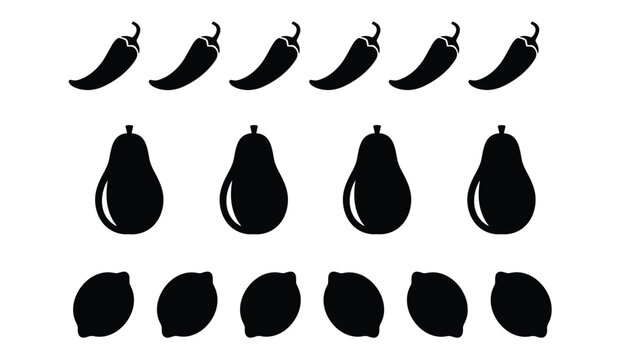 Collection of fresh food silhouettes featuring rows of hot chili peppers, avocados, and lemons on a clean white background.