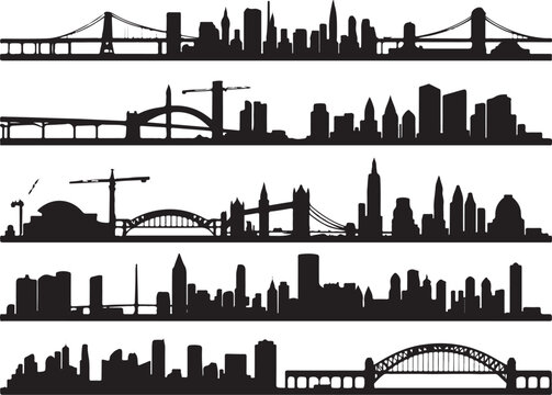 Black and white silhouette of city skyline with mountains