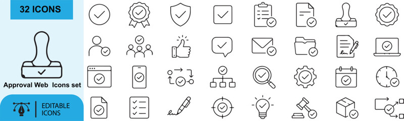 Approval and checkmark line icon set. Task completed, compliance, agreement, verification, stamp, badge, workflow line icons vector bundle © ShahosChandro