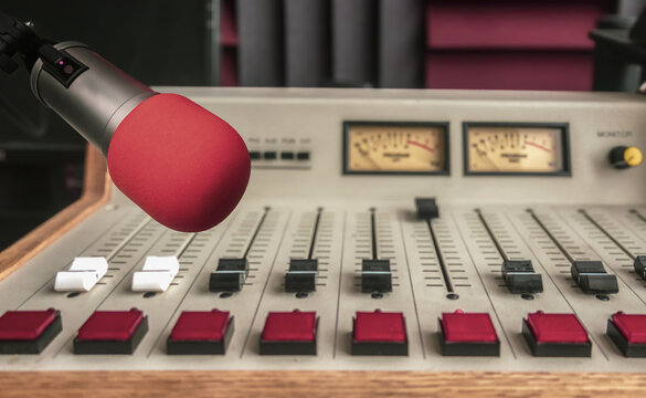 Professional microphone and sound mixer in radio studio
