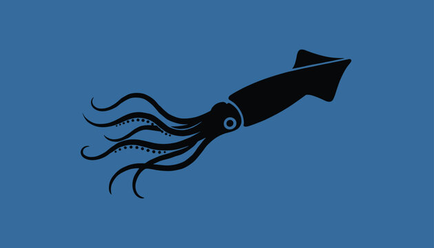 Elegant black silhouette of a squid swimming gracefully through deep water represented on a solid dark blue background.