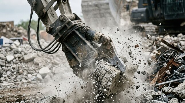 Hydraulic demolition grapple crushing concrete rubble and metal debris at a construction site