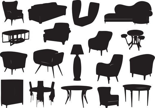 Black silhouette of household furniture and decor chair sofa
