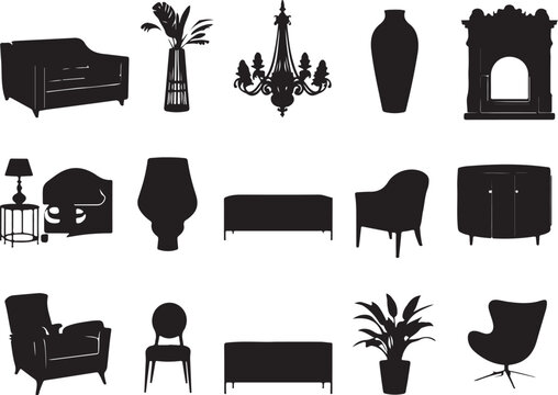 Black silhouette of furniture, plants, and decor chair stool