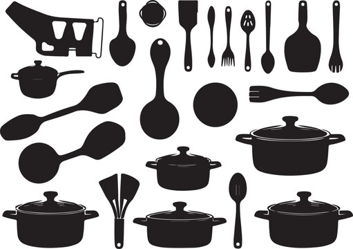 Black of kitchenware, utensils, and cooking tools frying pan